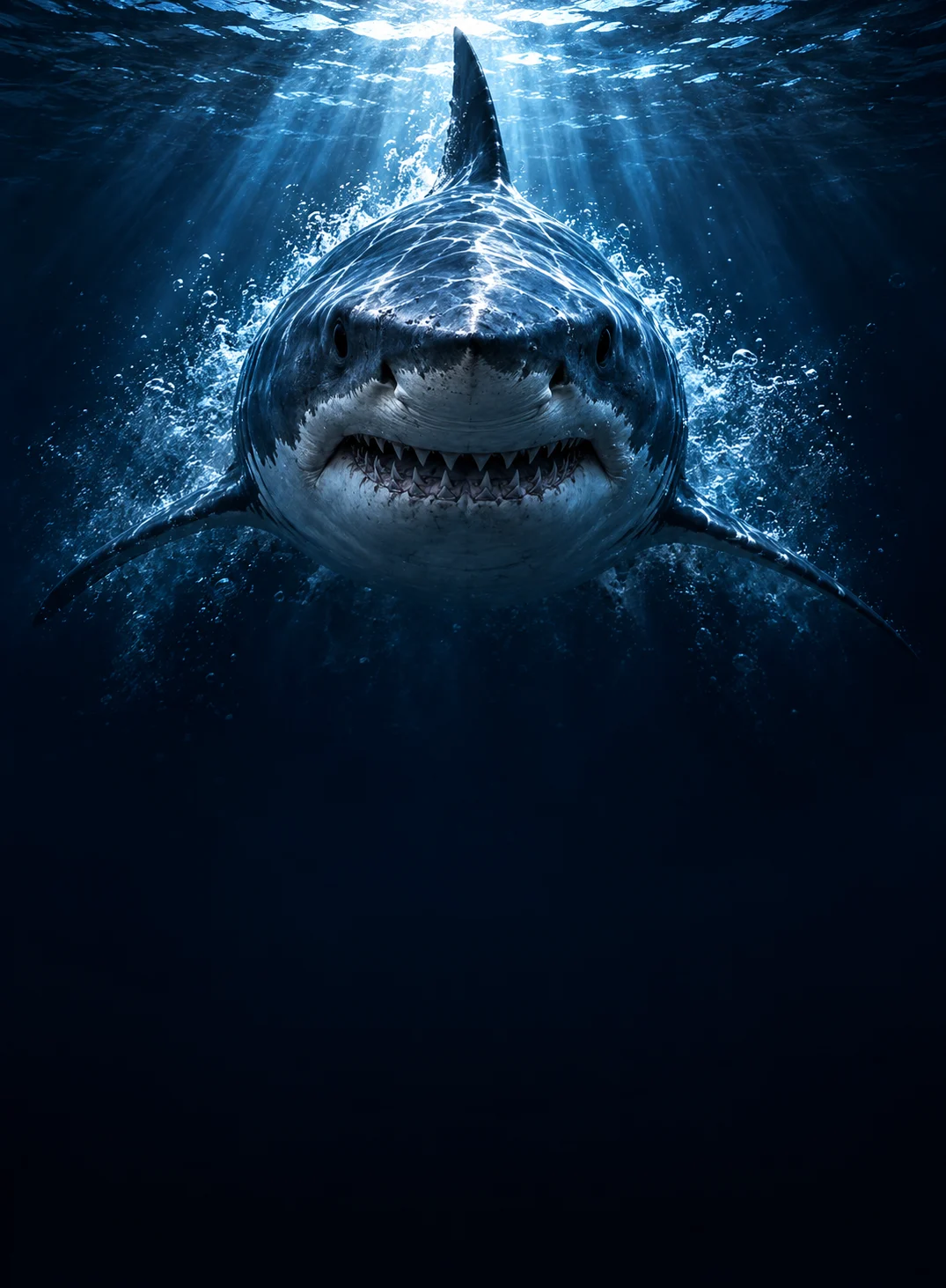 暗い海の中から正面に迫る大きなサメ（テレアポモンスターのメインビジュアル）
